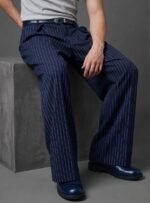 90s formal Semi baggy fit Strip Korean  pant in  blue