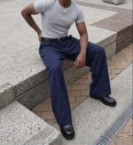 90s formal Semi baggy fit Strip Korean  pant in  blue - Image 2