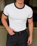 crop fit ringer tee in off white